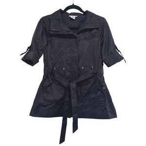 Luii Black Belted Jacket Roll Tab Sleeve Lightweight Coat S Preppy‎ Retro Pin-up